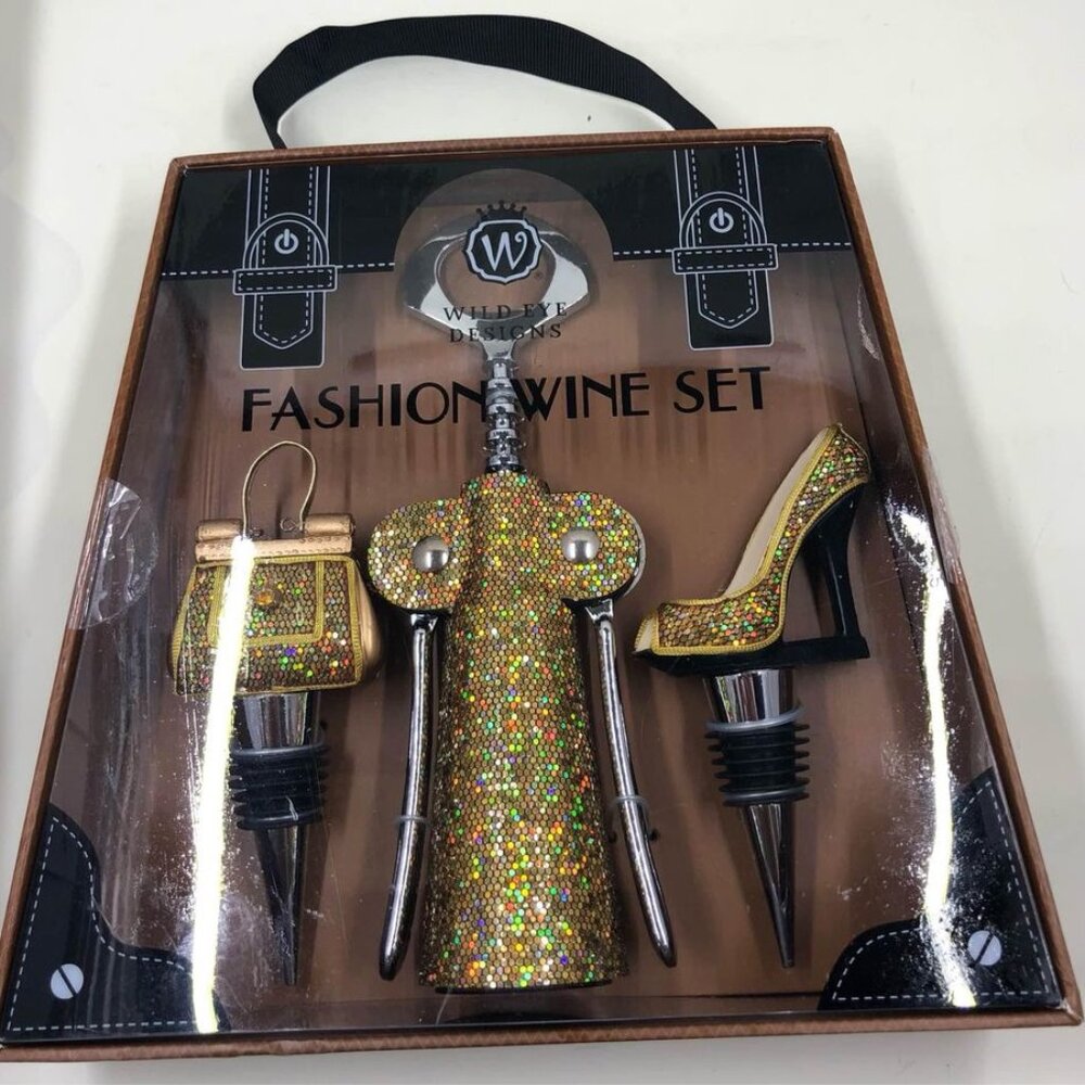 Fashion Wine Set High Heel and Purse Gold Sparkle